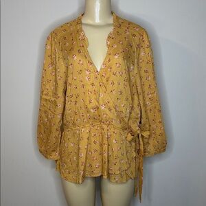 Lucky Brand Floral Faux Wrap Blouse - Yellow Size L